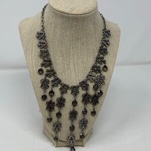 VTG Silver Tone Filigree Bib Necklace Smoky Gray Crystal Chandelier Statement